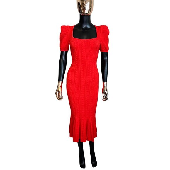 Ronny Kobo Red Knit Midi Dress Puff Sleeve Square Neck Stretch Bodycon Designer - Picture 2 of 11